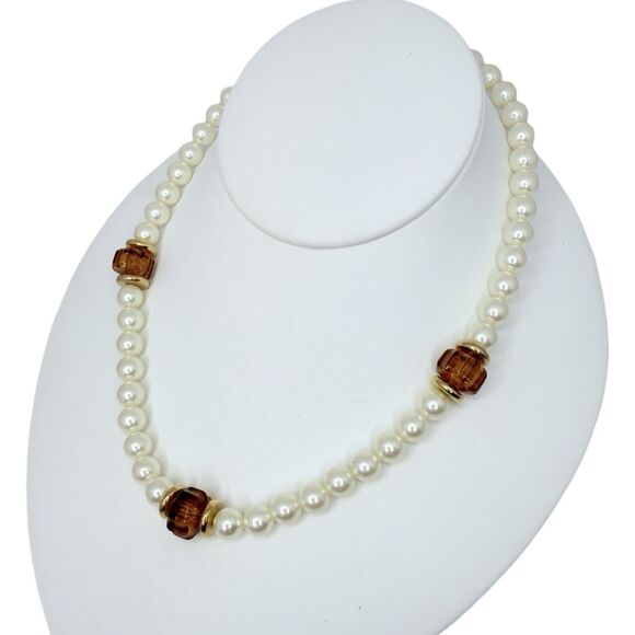 Faux Amber Glass Beaded Pearl Necklace 17" Gold Tone Element Girlcore Trendy - Picture 3 of 10